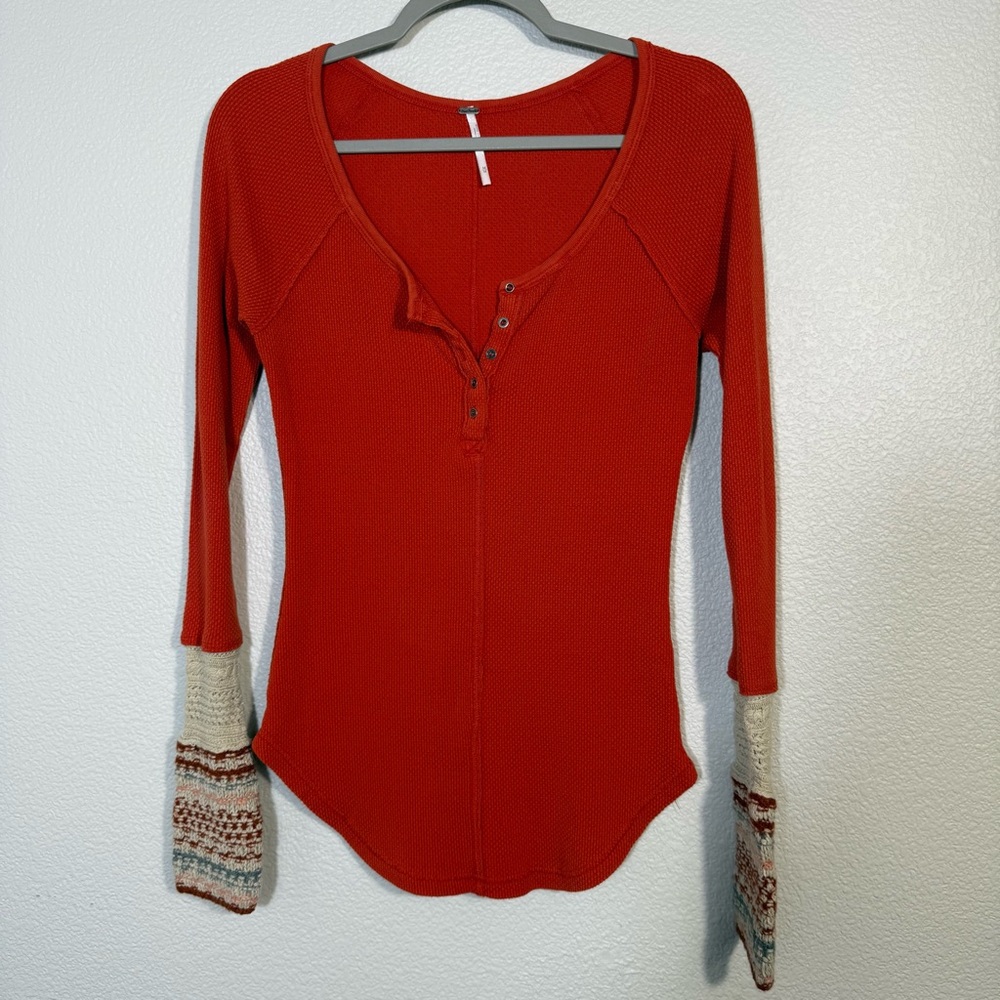 Free People Orange-Red Henley Top with Patterned Knit Cuffs